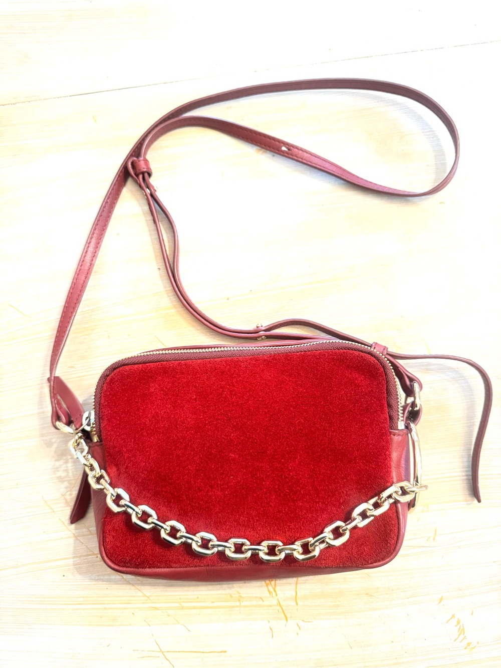 & Other Stories Burgundy Suede O-Ring Chain Crossbody Bag